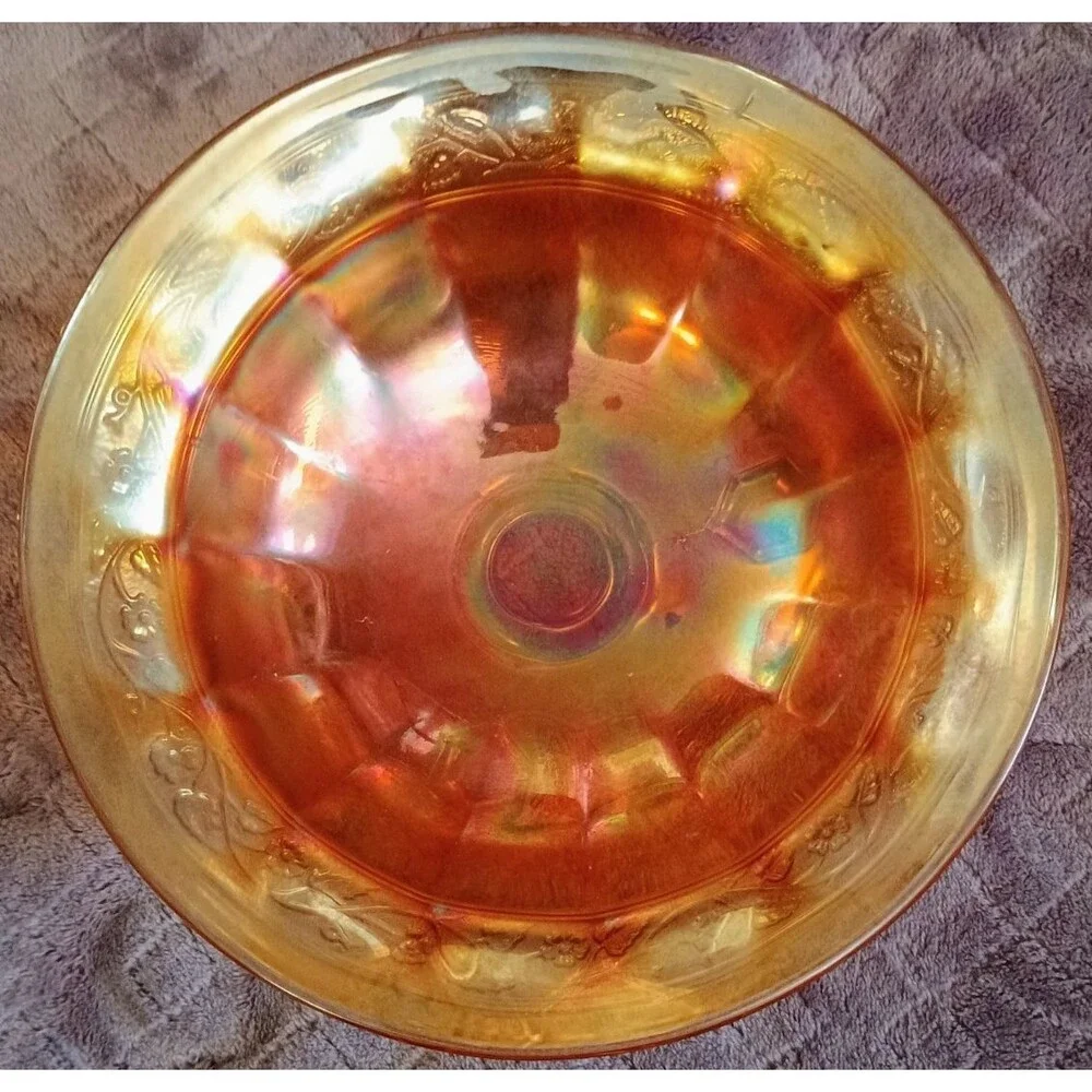 Vtg Marigold Carnival Glass Footed Berry Bowl Floral Embossed Iridescent Orange